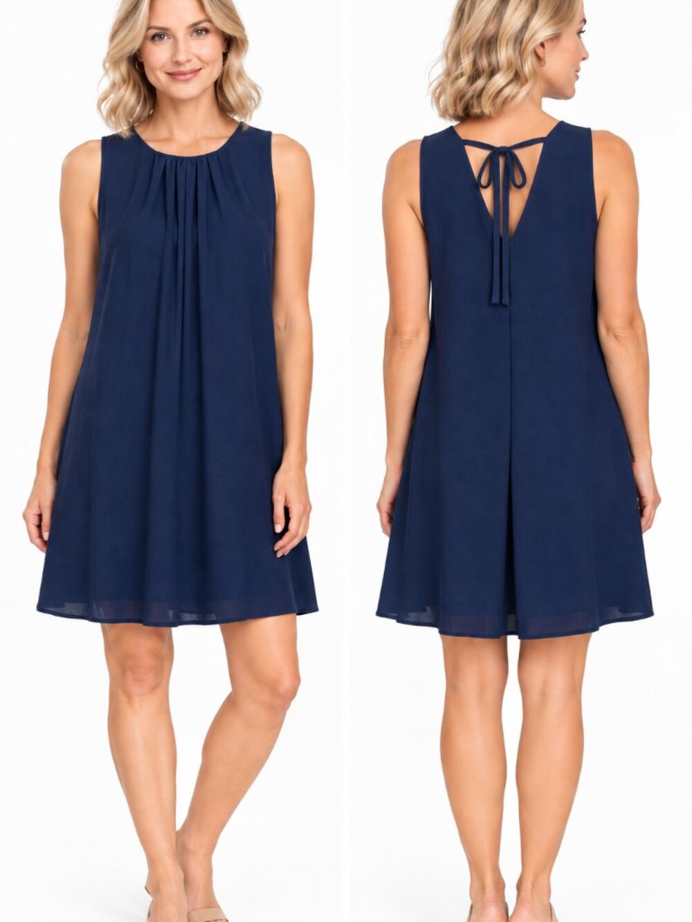 H&M Women's Sleeveless Mini Shift Dress Size 12 Navy Blue Ties in Back at Neck
